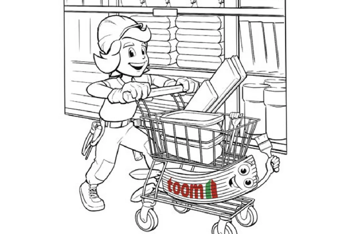 Tom und Zolli Malvorlage: Person schiebt Einkaufswagen mit Farbeimer und Pinsel